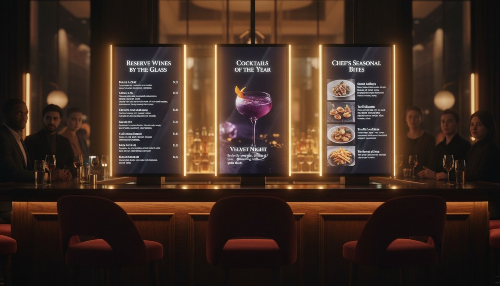 Cinematic view of a hotel bar with illuminated digital menu boards displaying cocktails and wine specials, creating a cozy evening ambiance.