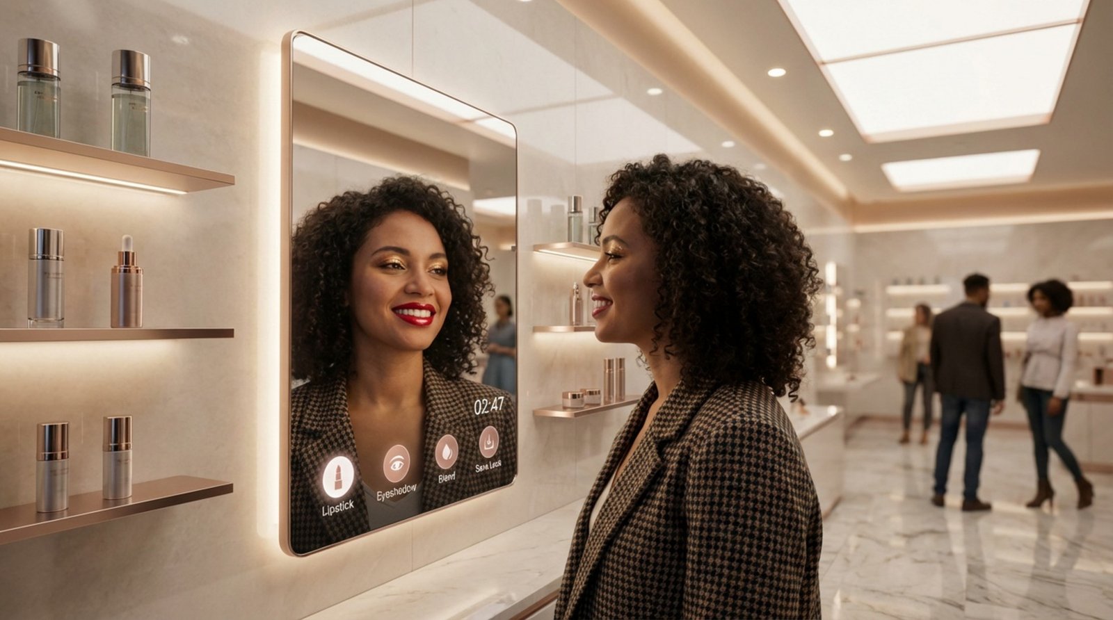 A shopper uses an augmented reality mirror to try digital lipstick and eyeshadow in a cosmetics store.