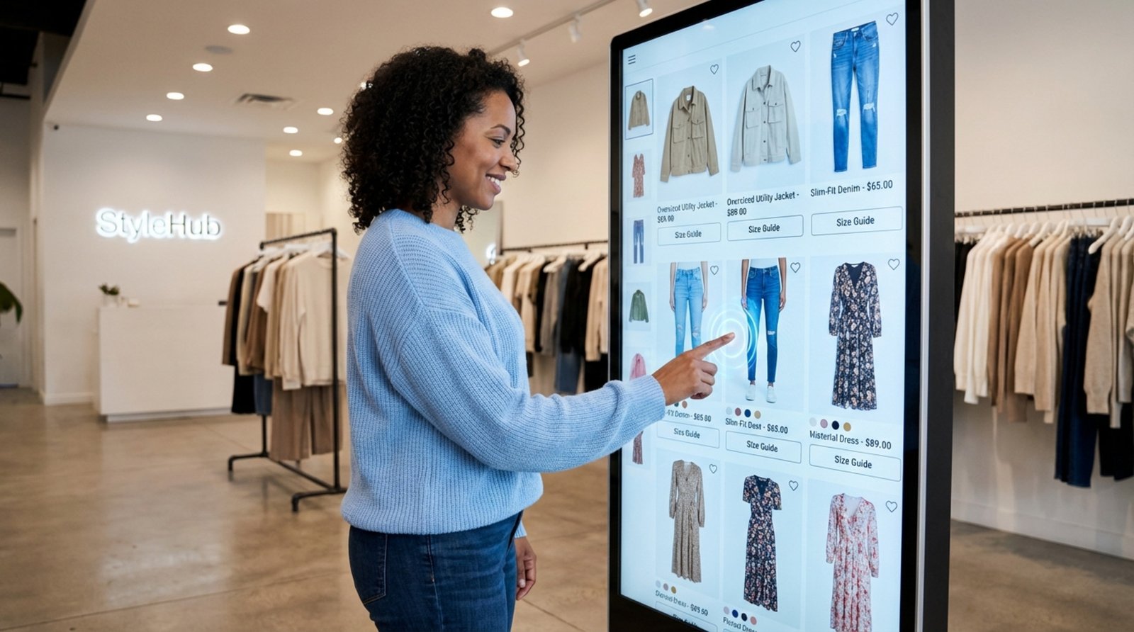A customer uses a large vertical touchscreen kiosk to browse clothing options in a modern retail environment.