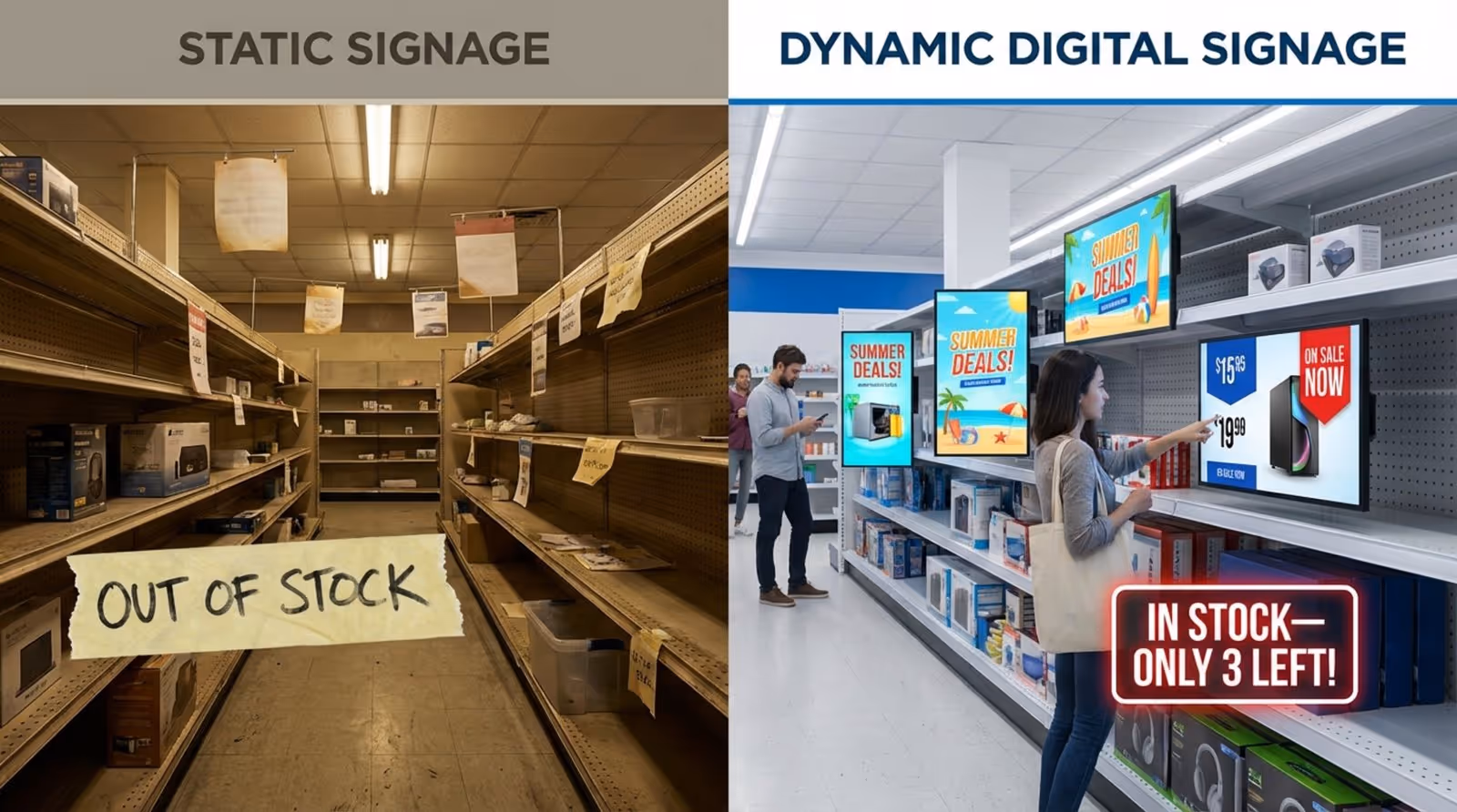 Split-screen comparison showing dull static signage on one side and vibrant digital signage on the other to highlight the benefits of digital displays.