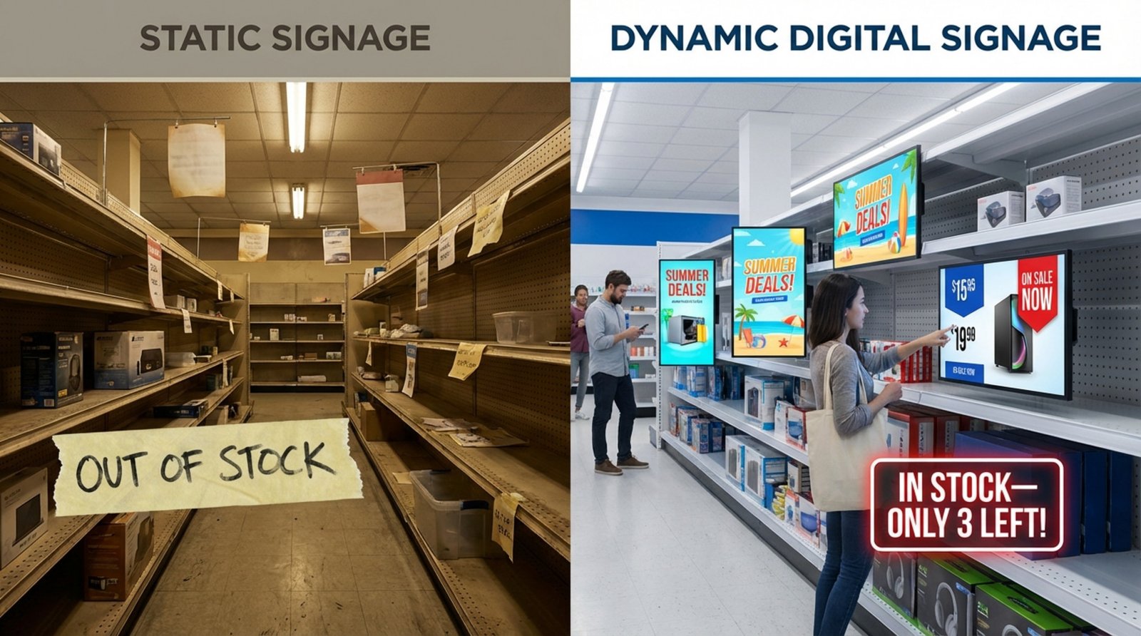Split-screen comparison showing dull static signage on one side and vibrant digital signage on the other to highlight the benefits of digital displays.