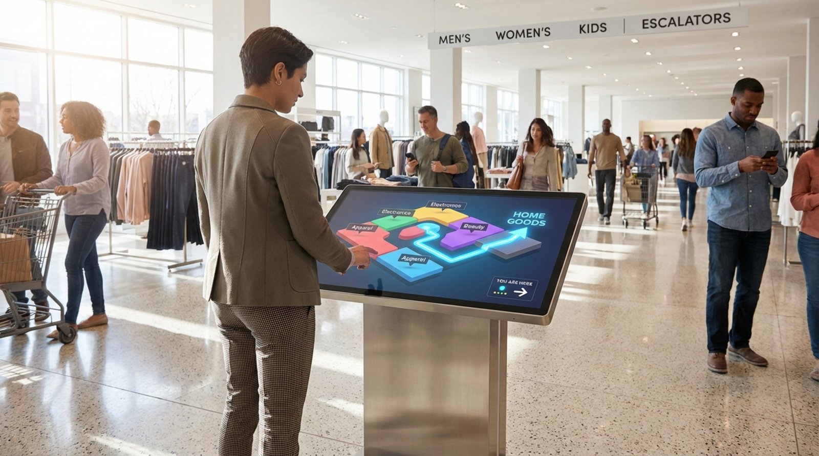 Inside a busy department store, a customer views a digital map on a sleek screen showing the route to the home goods section.
