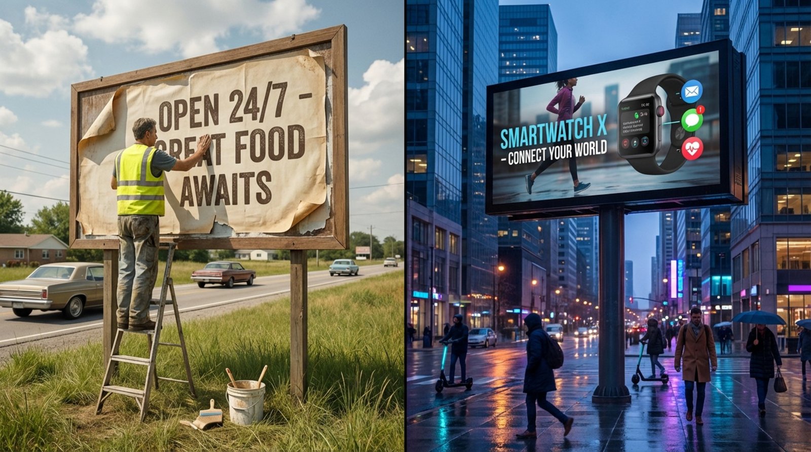 Split-screen image contrasting traditional paper billboard advertising with modern digital billboard displays in a city at dusk.