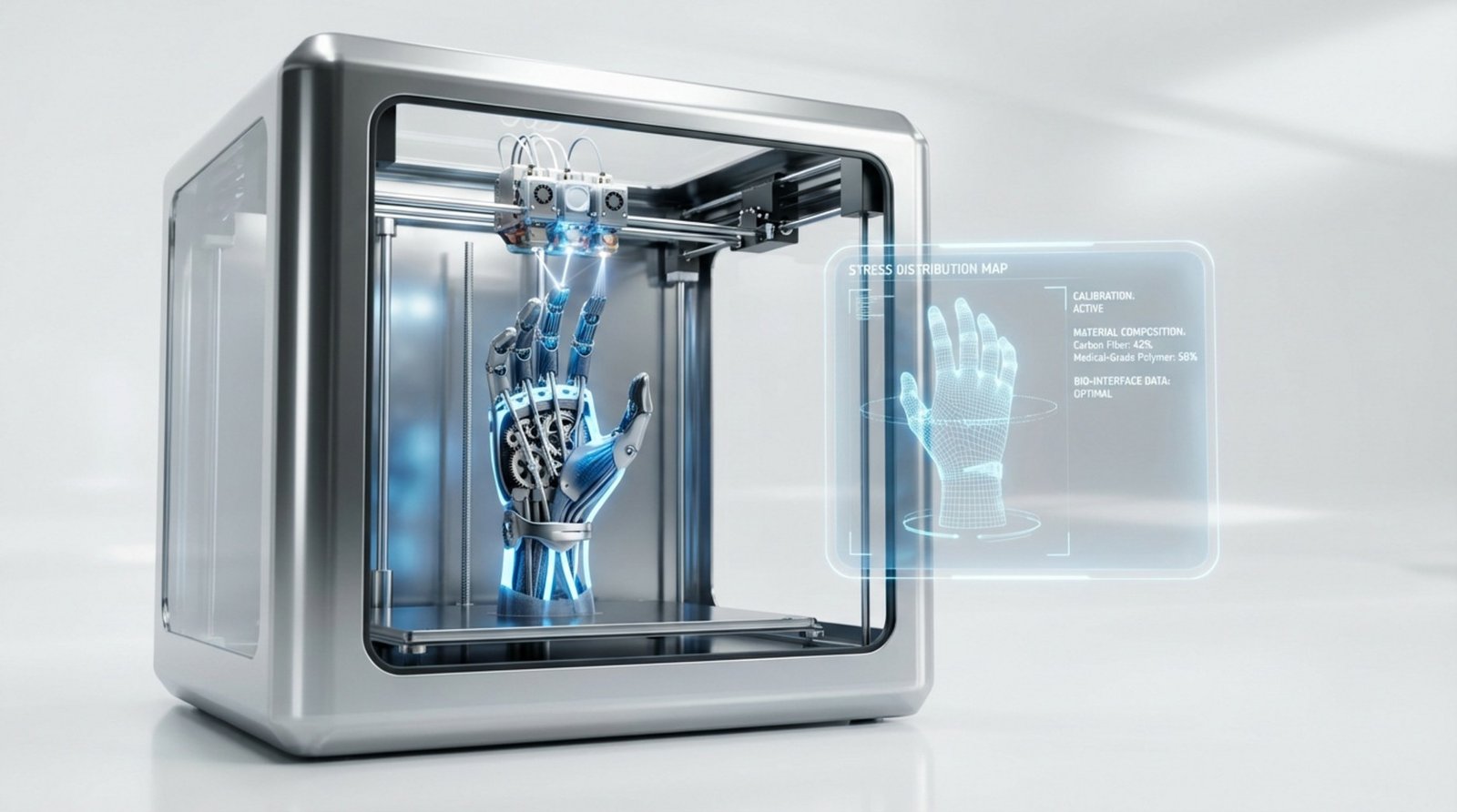 A 3D printer creates a custom-fit prosthetic hand with a holographic interface displaying digital wireframe and specifications.