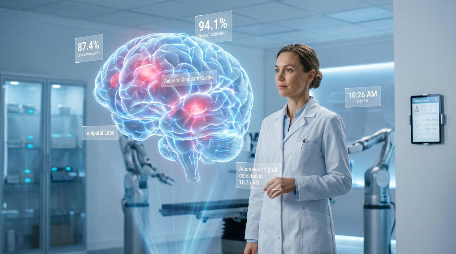 A doctor observes a transparent screen displaying a 3D human brain model with highlighted areas and data overlays in a modern medical environment.