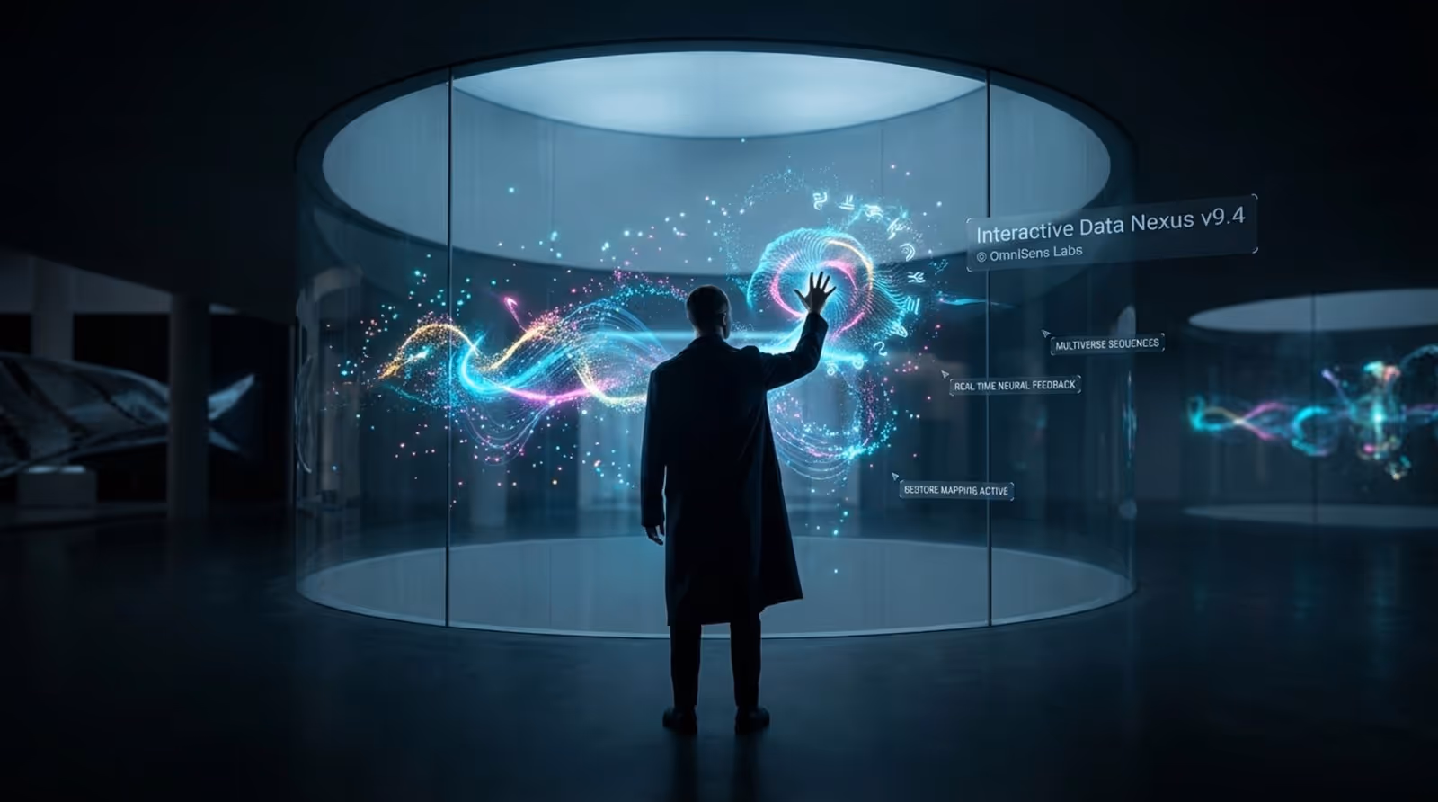 A person interacts with a touchless gesture-recognition wall in a futuristic museum exhibit with colorful light particles and data streams.