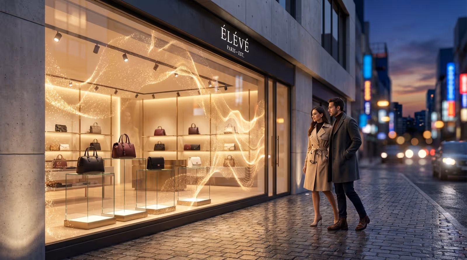 A modern retail store at twilight with an animated gold particle display in the window and luxury handbags inside, attracting stylish passersby.