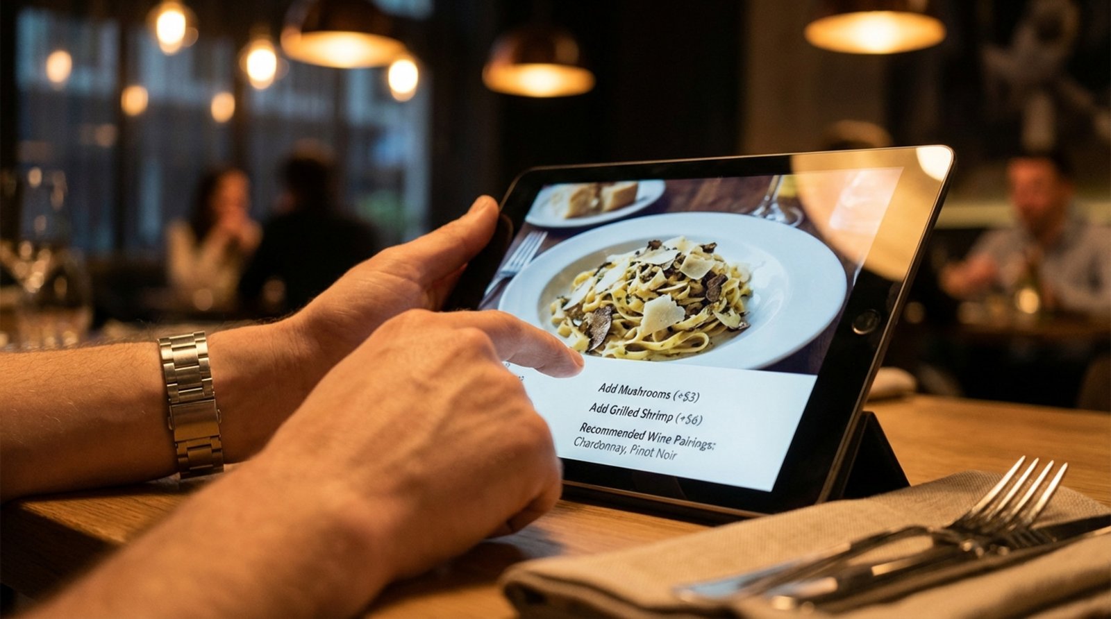 Customer interacts with a digital tablet menu displaying a gourmet pasta dish in a modern restaurant.