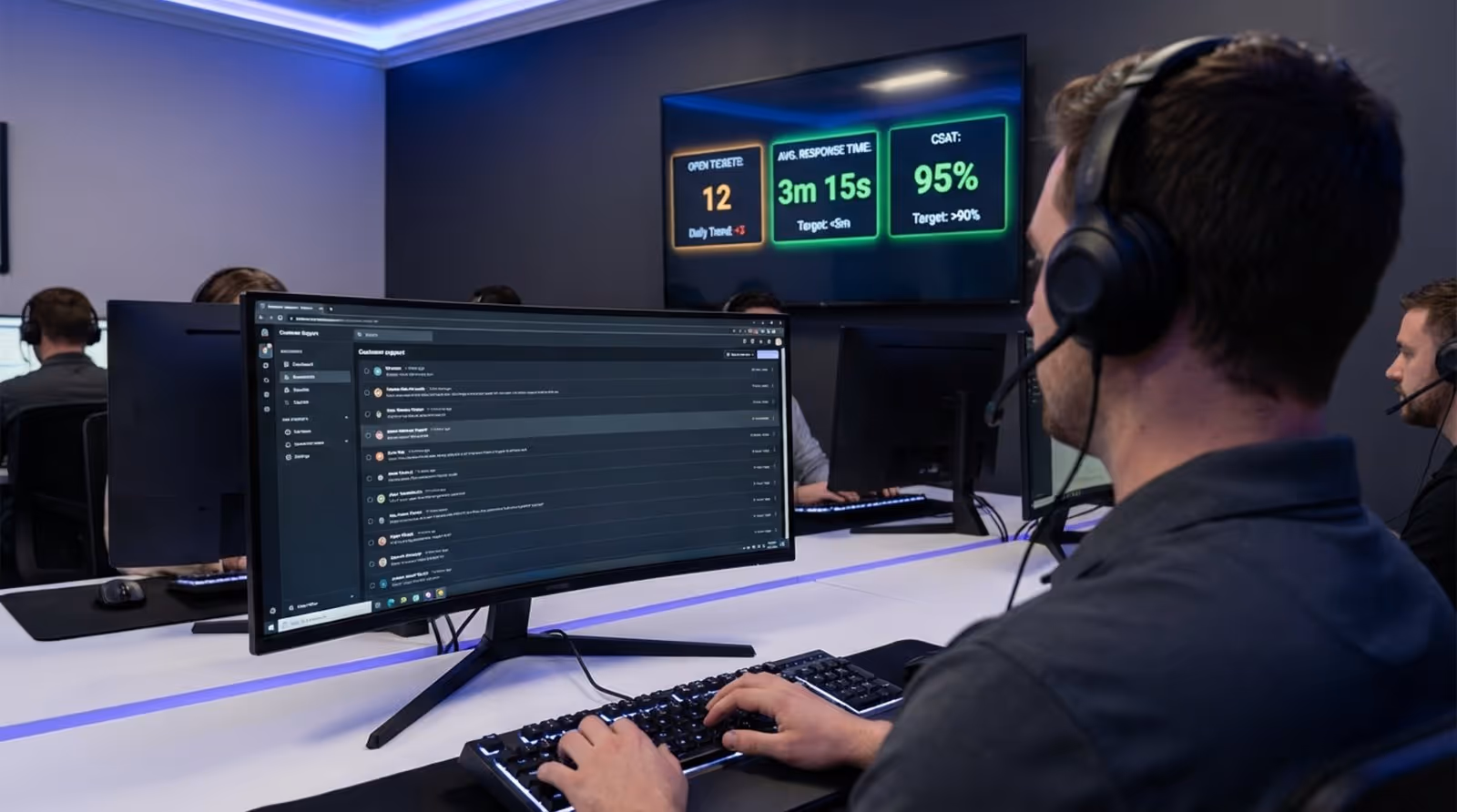 View from a support agent's perspective showing a dashboard with key customer metrics on a dark-mode screen.