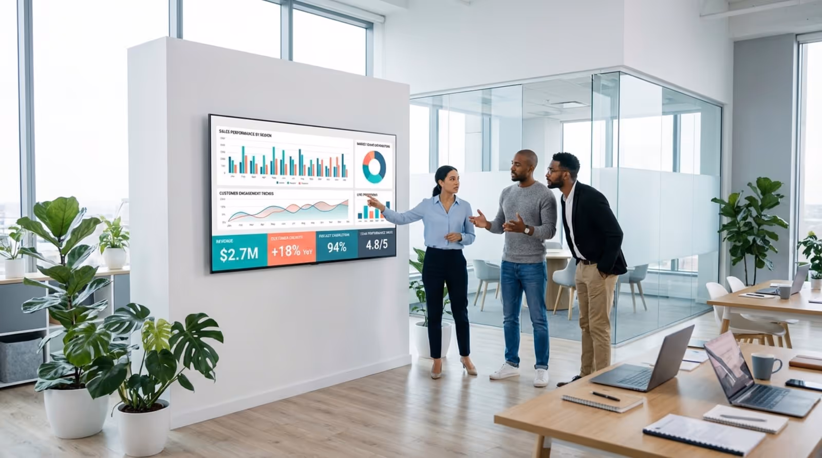 A collaborative team discusses data on a large screen in a bright open-office environment.