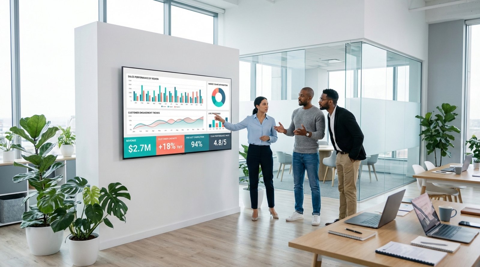 A collaborative team discusses data on a large screen in a bright open-office environment.