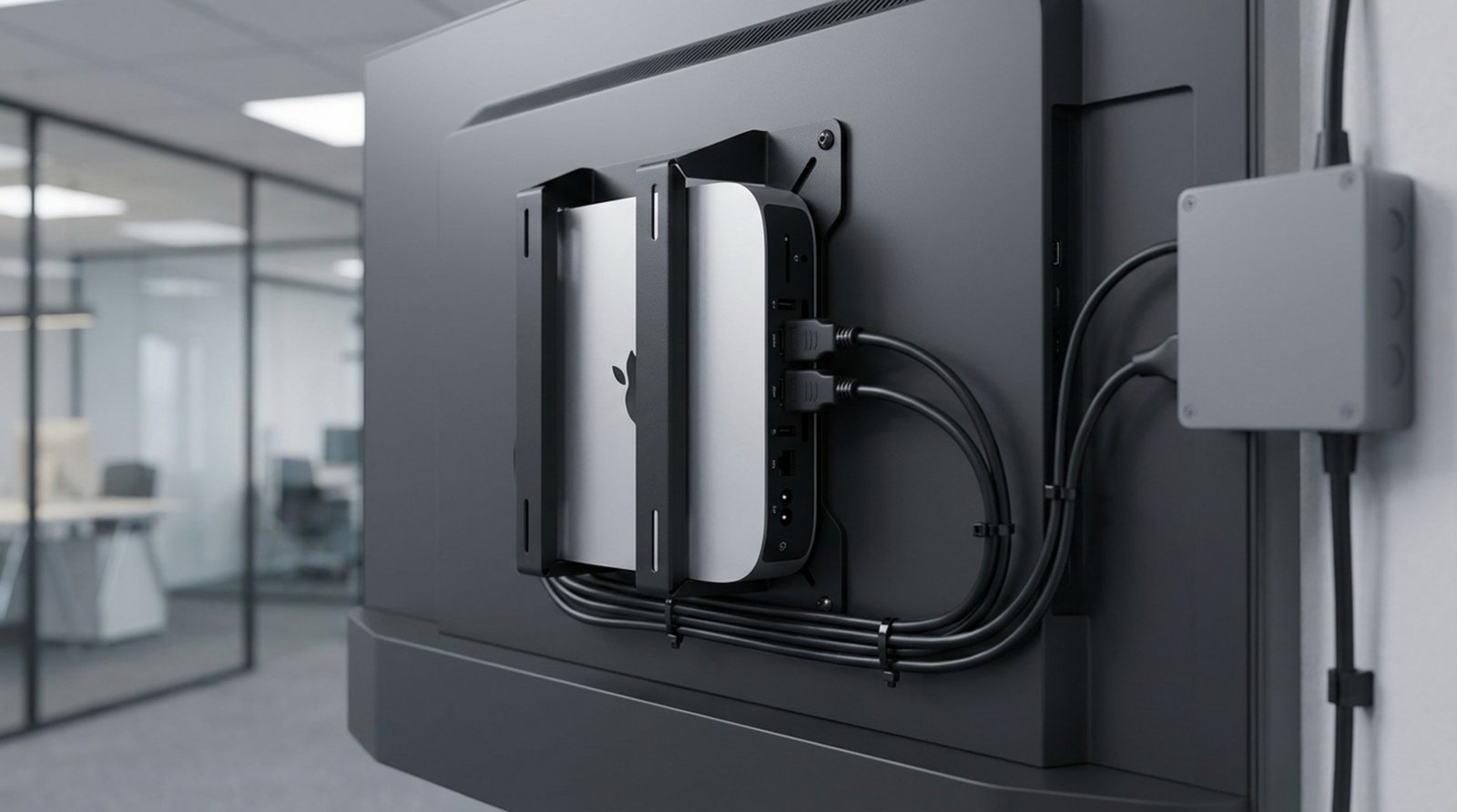 A detailed shot of a digital display with a Mac Mini mounted using a VESA bracket, showcasing a neat and professional installation.