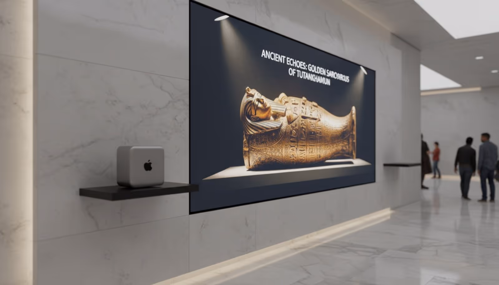 A Mac Mini placed behind a large digital signage screen in a modern museum lobby, highlighting its role in powering high-quality visuals.