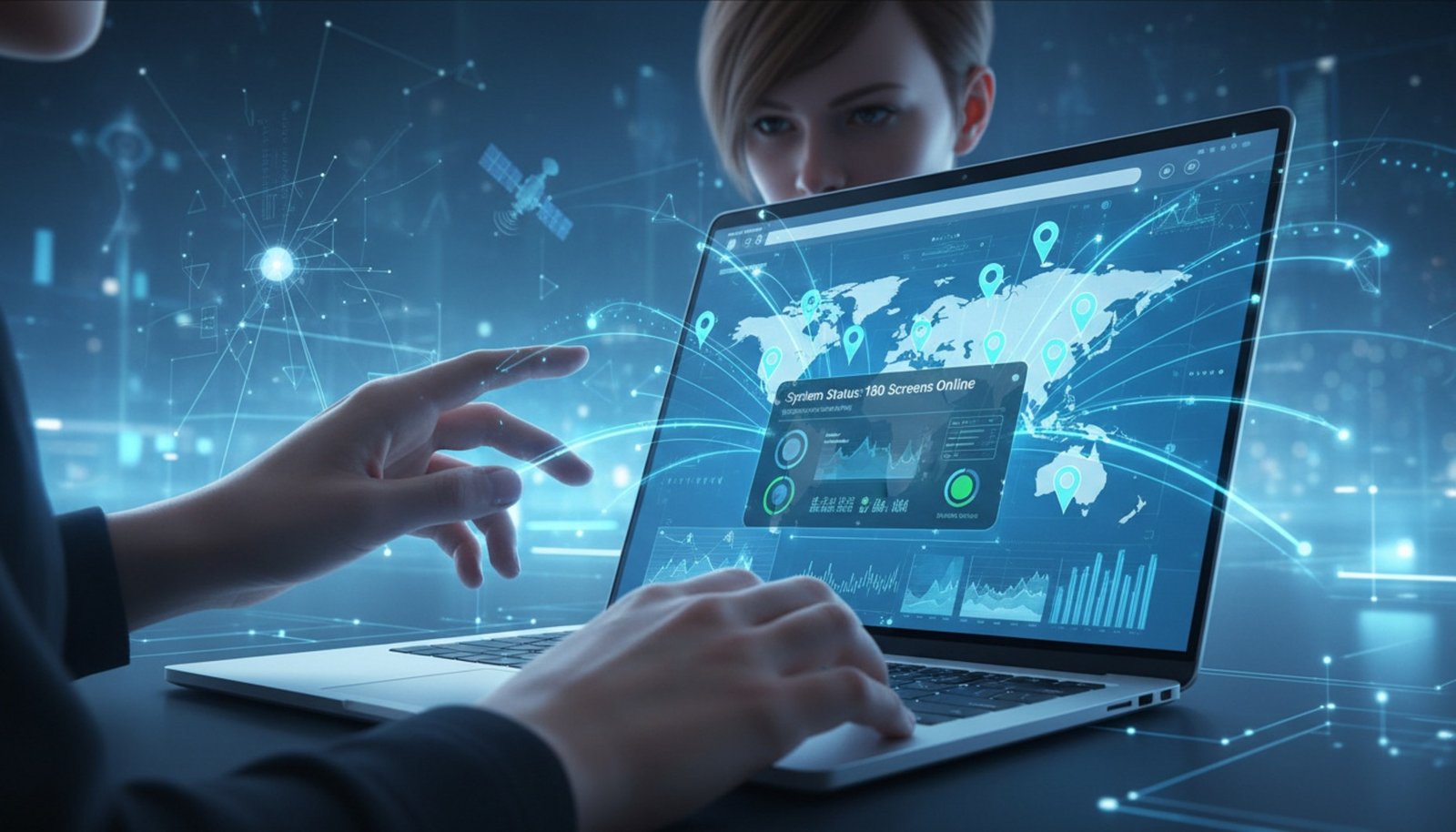 A person uses a laptop dashboard showing multiple screen locations connected by lines, representing centralized control of digital signage across a global network.