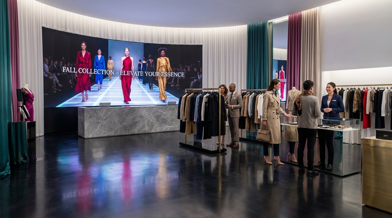 A wide-angle view of a high-end fashion retail store with a large video wall displaying colorful advertisements, creating an immersive luxurious atmosphere.