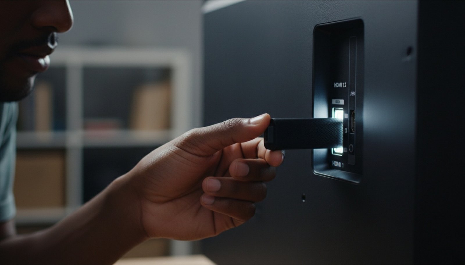 Close-up of a hand inserting a Fire TV Stick into a TV HDMI port with visible port labels.