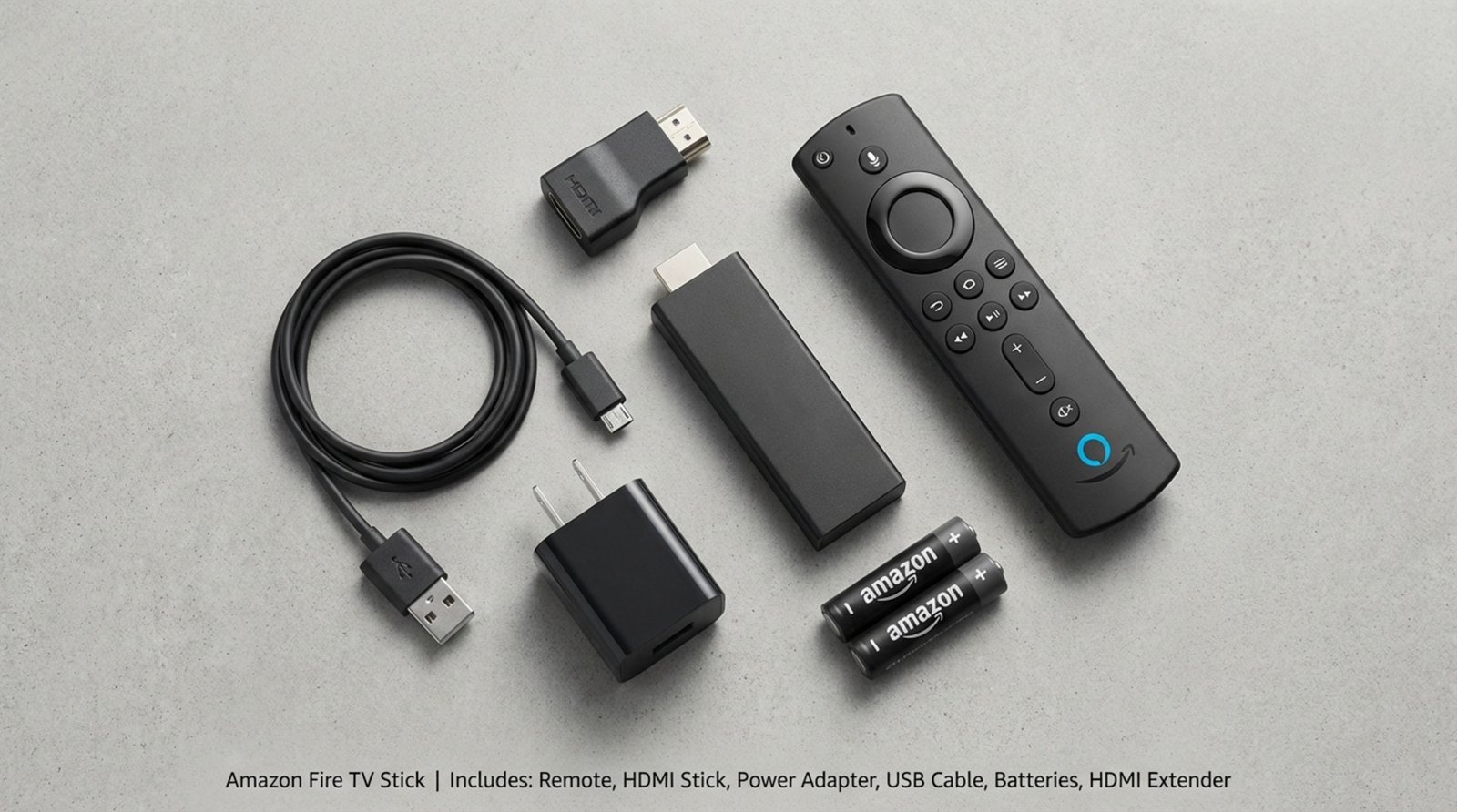 Top-down view of all Fire TV Stick components arranged on a minimalist surface for easy identification.