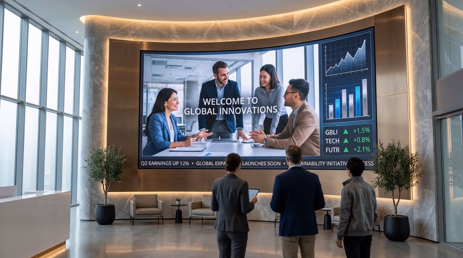 A modern corporate lobby featuring a large video wall displaying a welcome video, financial data, and news ticker with professionals observing.