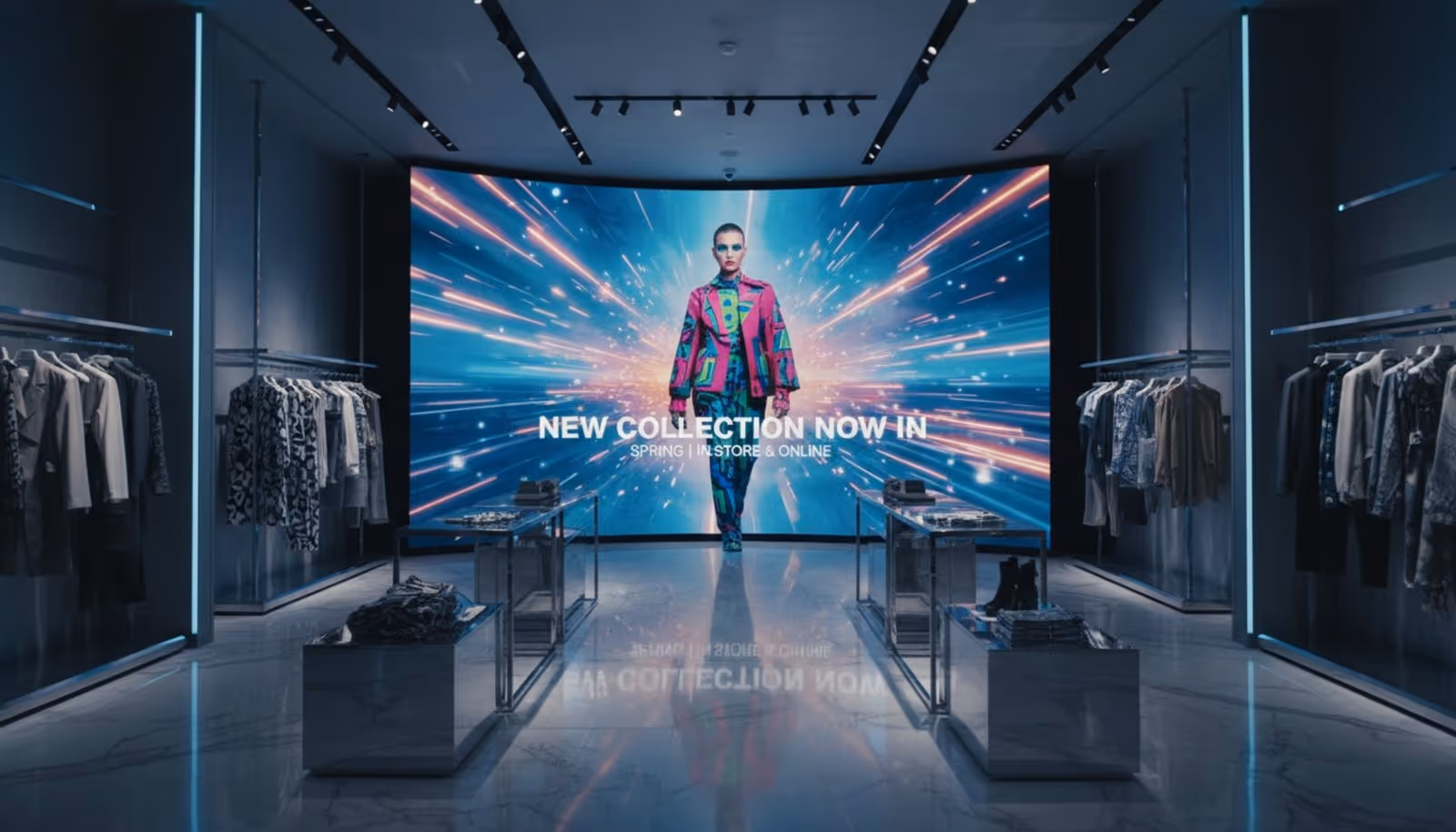 A flagship fashion store's interior featuring a large video wall displaying a promotional video with a model and vibrant graphics