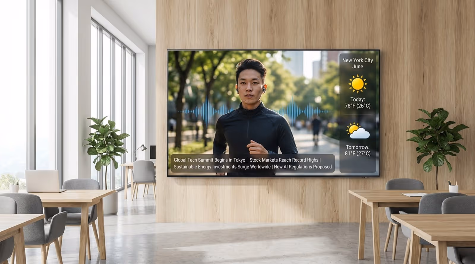 Photorealistic digital signage screen in a modern office showing multiple content zones including a product video, weather forecast sidebar, and scrolling news ticker.