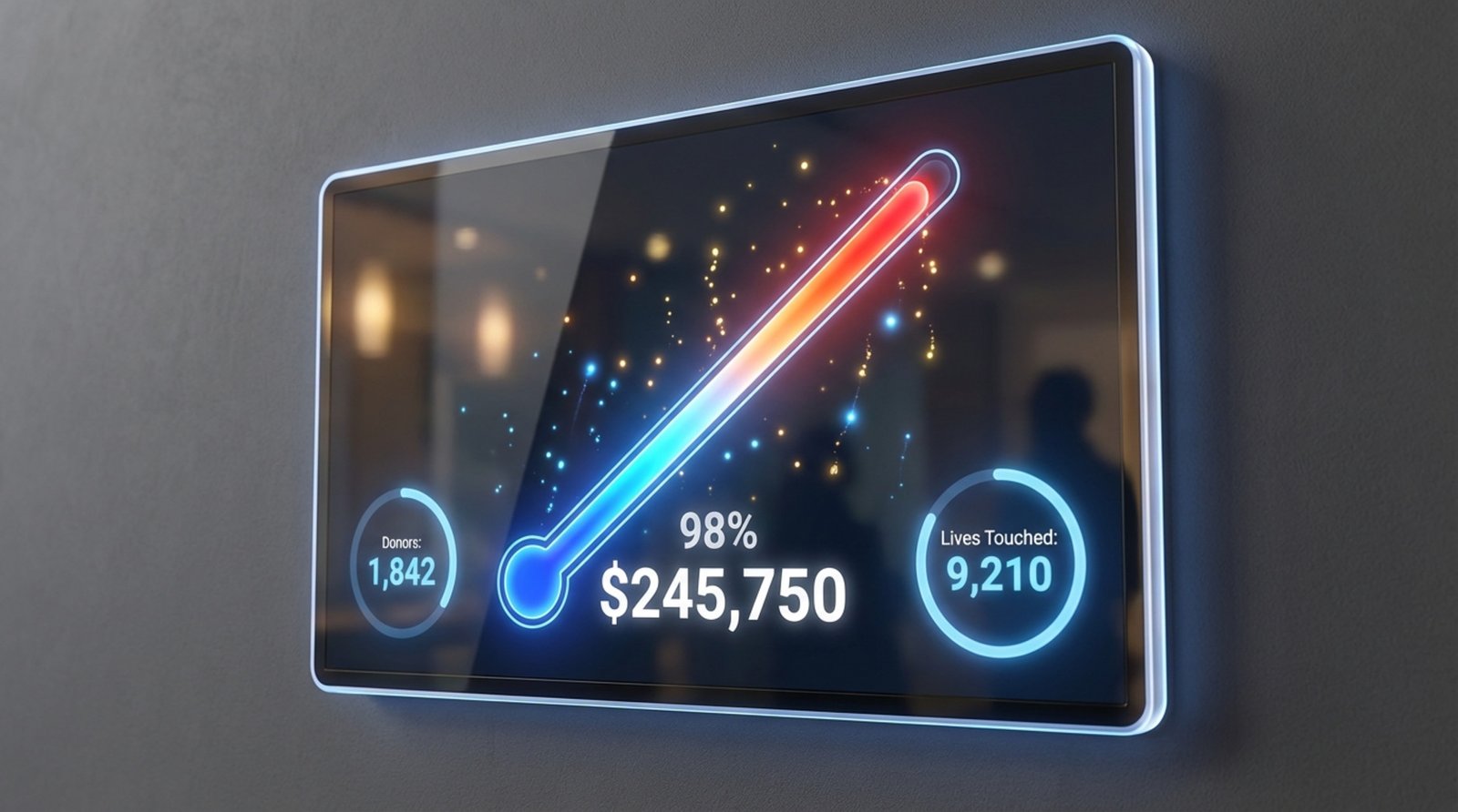 Close-up of a digital donor wall displaying a live fundraising scoreboard with a colorful thermometer and donation counters.