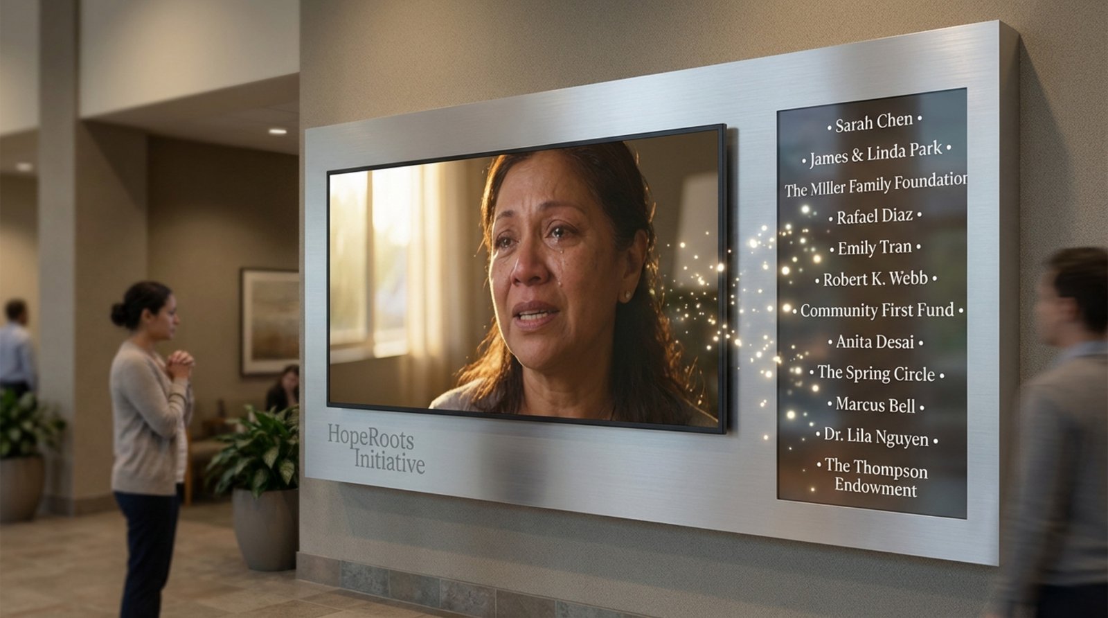 A digital donor wall screen displaying a heartfelt video and scrolling donor names, highlighting the organization's impact and supporter contributions.