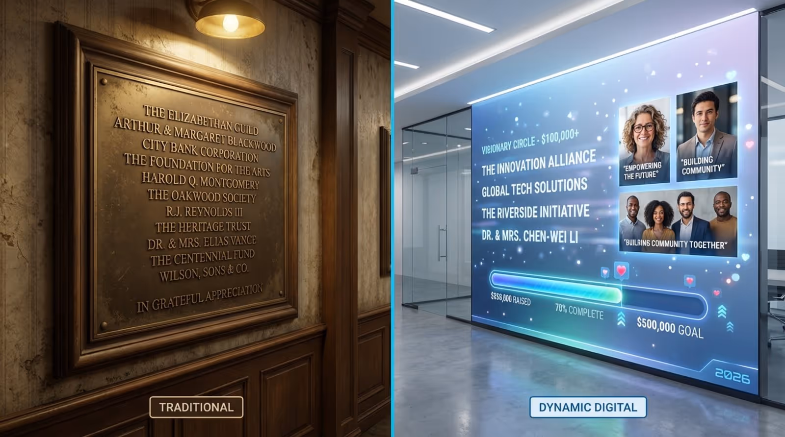 Split-screen infographic comparing a traditional static bronze donor wall with a vibrant digital version showing animated names and progress bar.