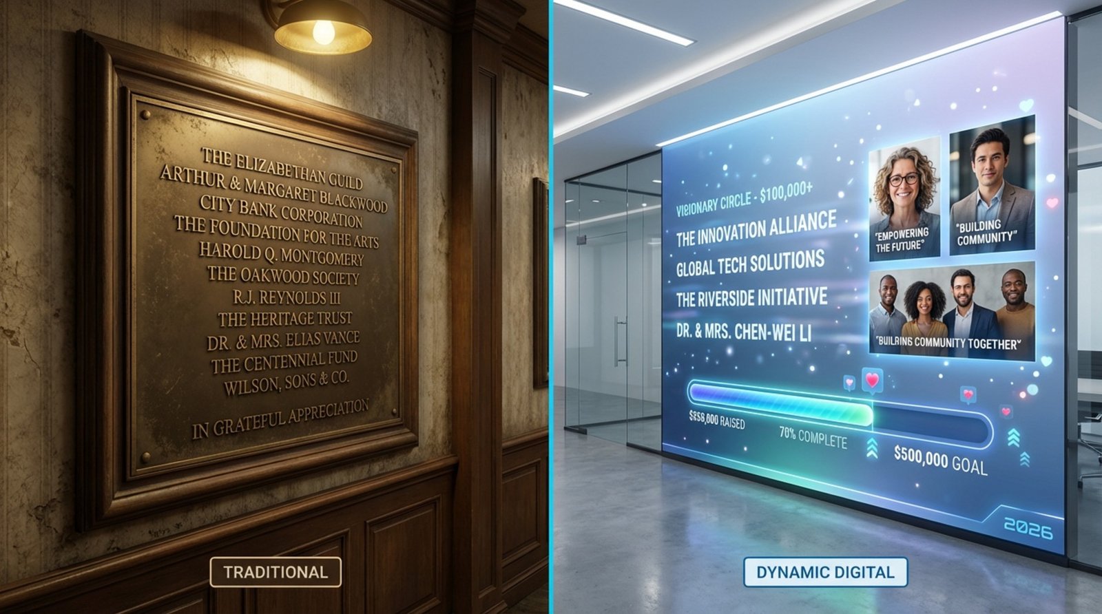 Split-screen infographic comparing a traditional static bronze donor wall with a vibrant digital version showing animated names and progress bar.