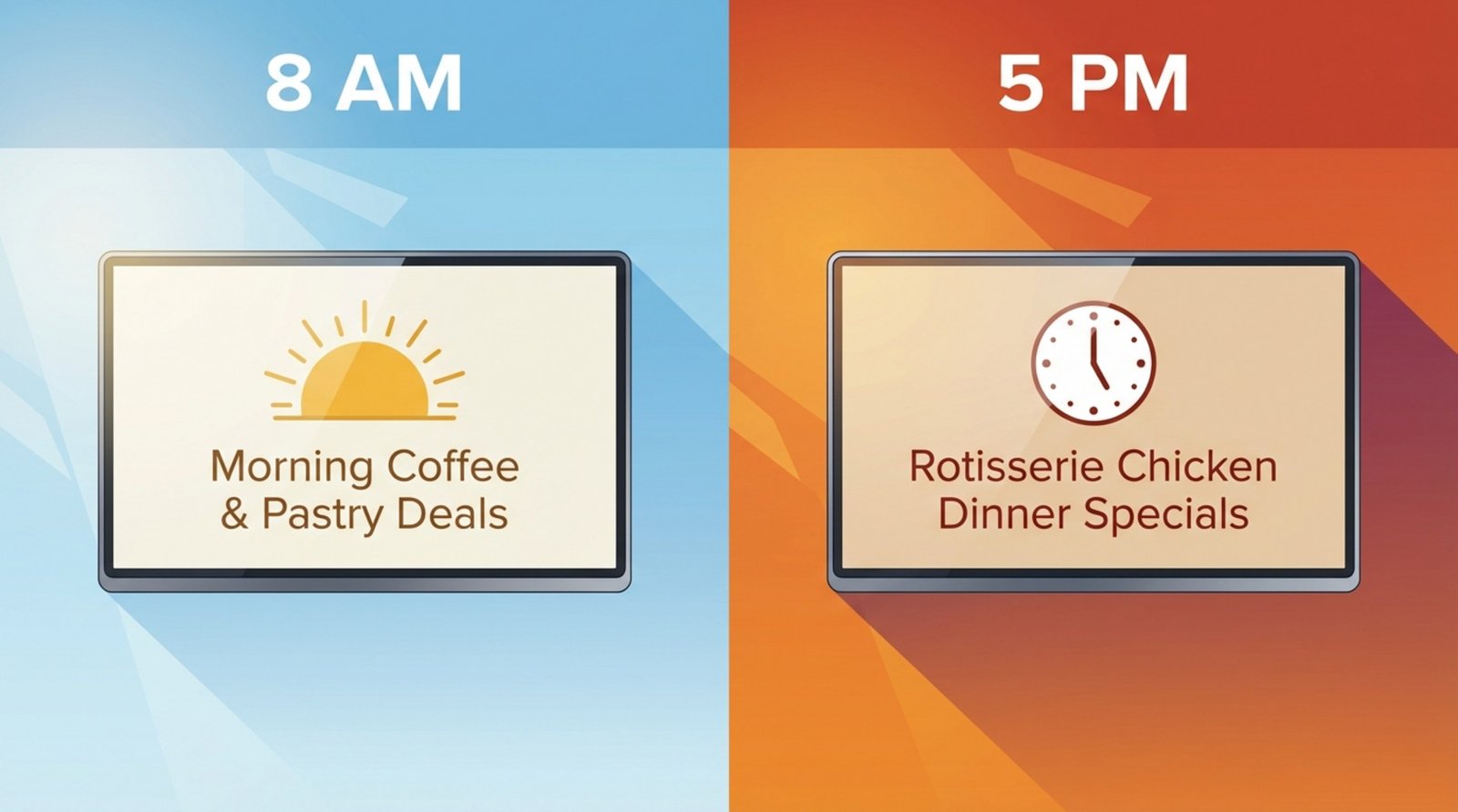 Split-screen illustration showing dayparting concept with morning and evening advertisements on digital signage.