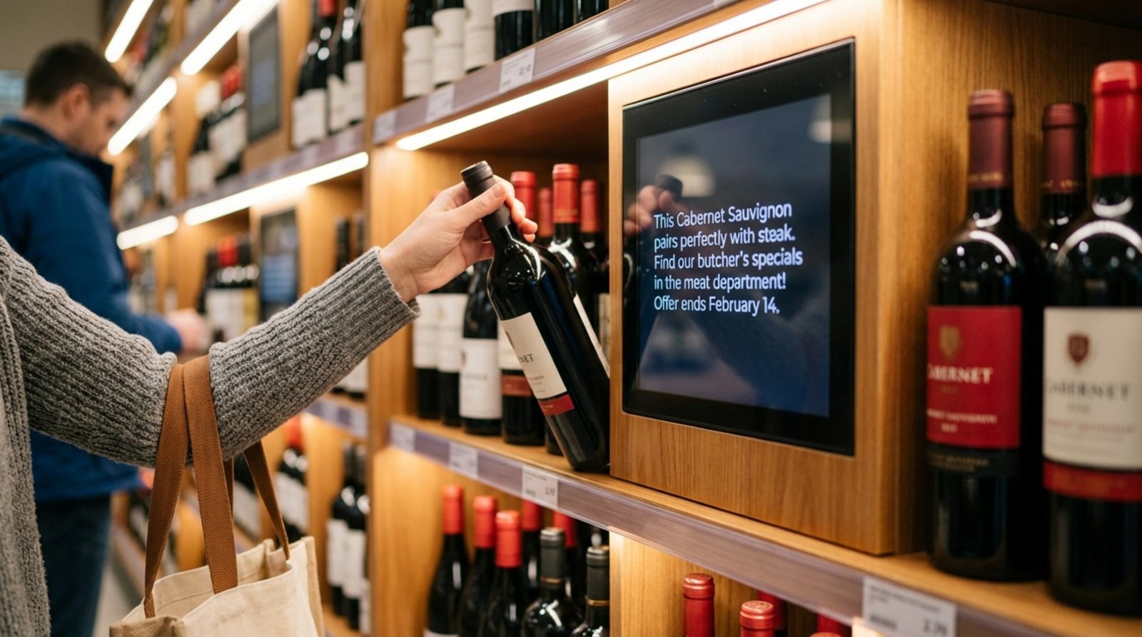 A shopper reaches for a wine bottle next to a digital screen displaying a food pairing suggestion in a supermarket wine aisle.
