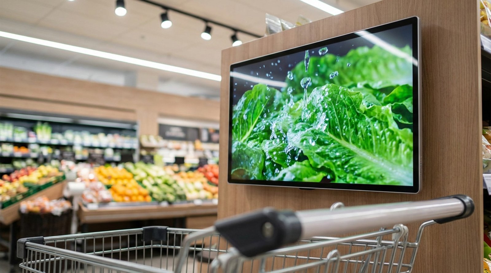 Close-up of a digital screen in a grocery store displaying water droplets splashing onto fresh lettuce to highlight produce freshness.