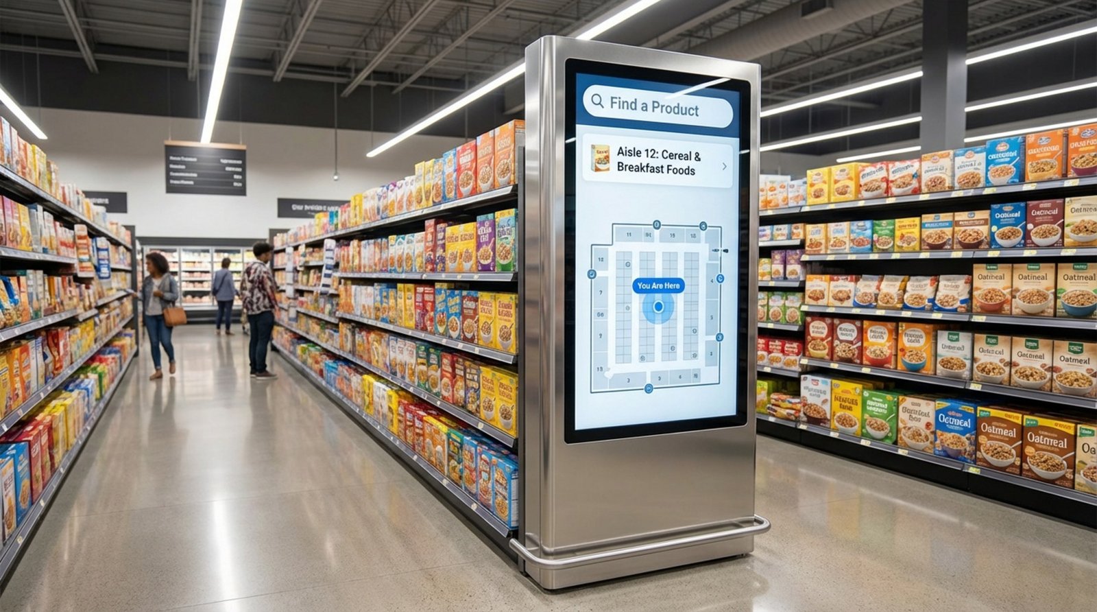 A shopper's perspective of a tall digital wayfinding kiosk displaying a store map with a 'You Are Here' pin and product search options