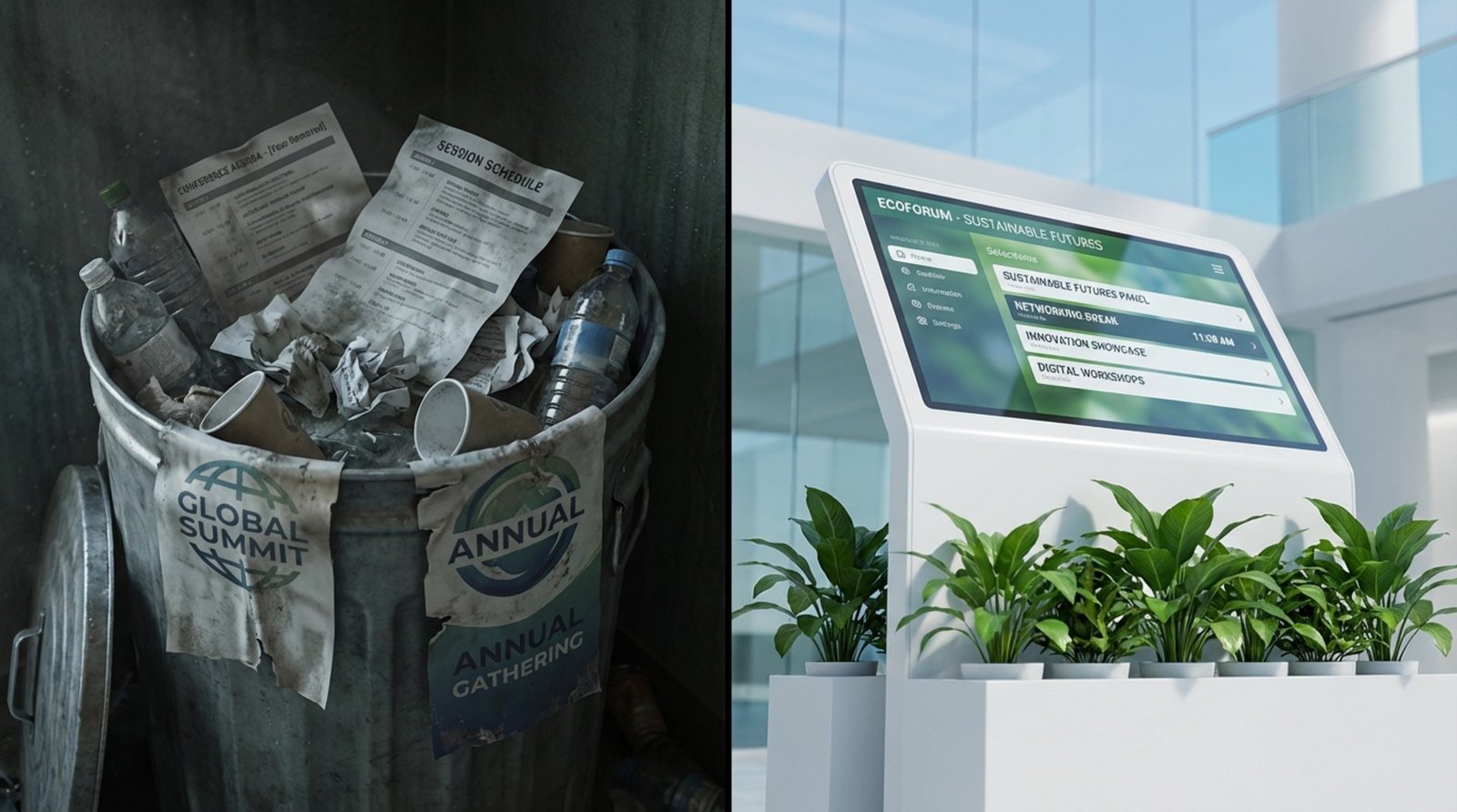 A conceptual illustration contrasting wasteful and sustainable conference practices with outdated paper waste on one side and a sleek digital kiosk on the other.