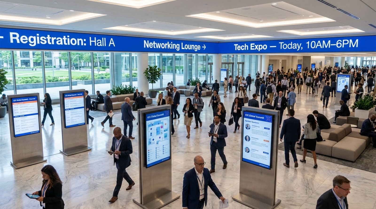 A busy conference hall lobby with diverse attendees and digital screens displaying schedules and maps.