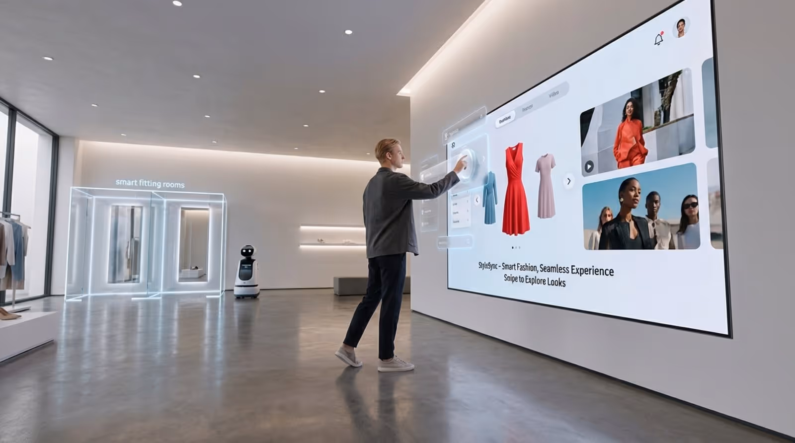 A customer interacts with a digital signage screen in a modern store, blending physical and digital shopping experiences.