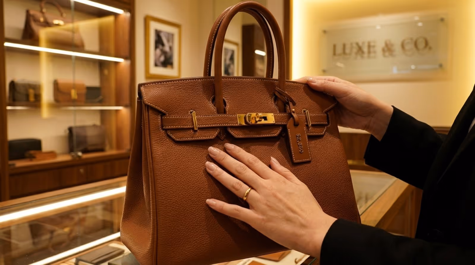 Close-up of hands feeling the rich texture of a leather handbag in a luxurious boutique.