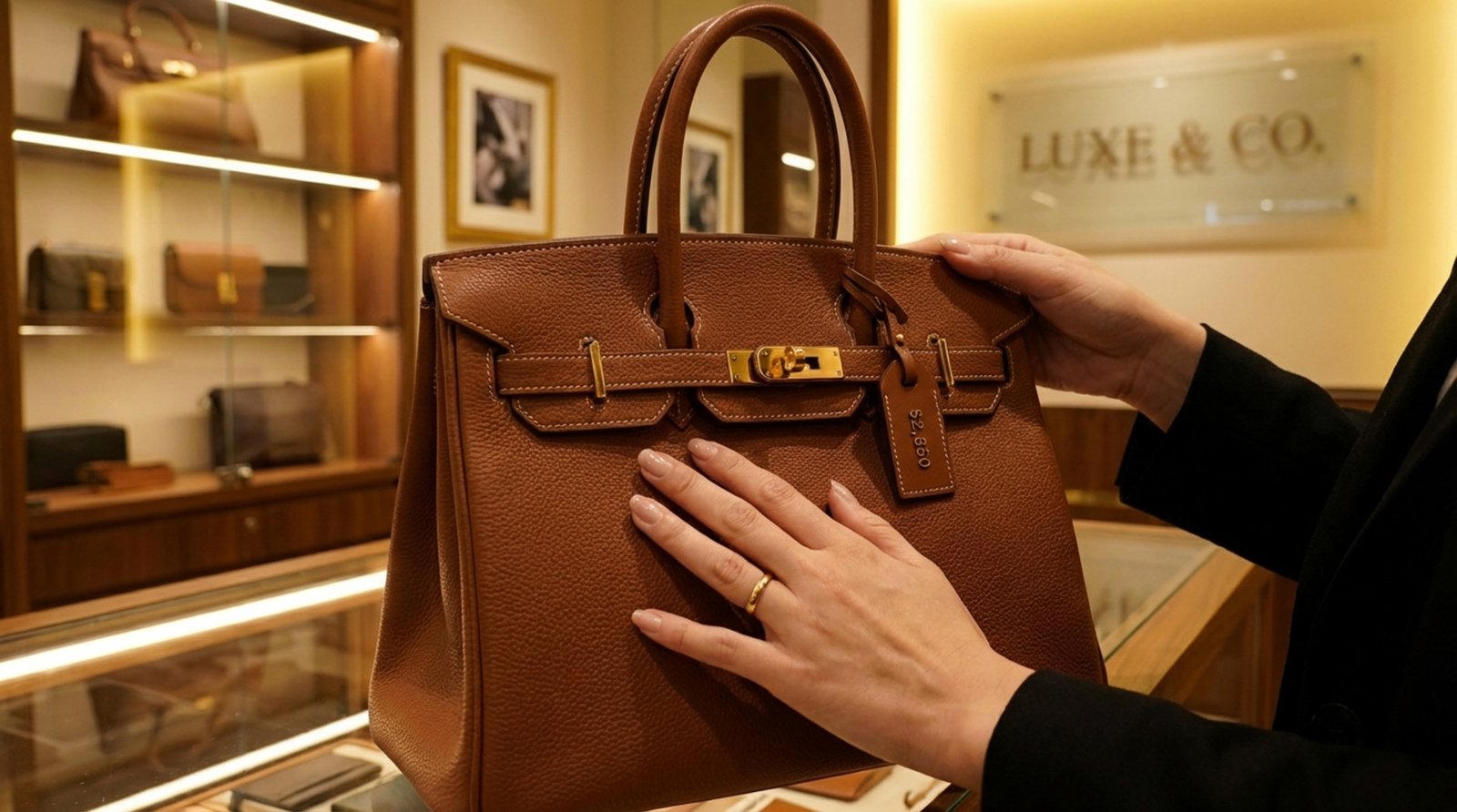 Close-up of hands feeling the rich texture of a leather handbag in a luxurious boutique.