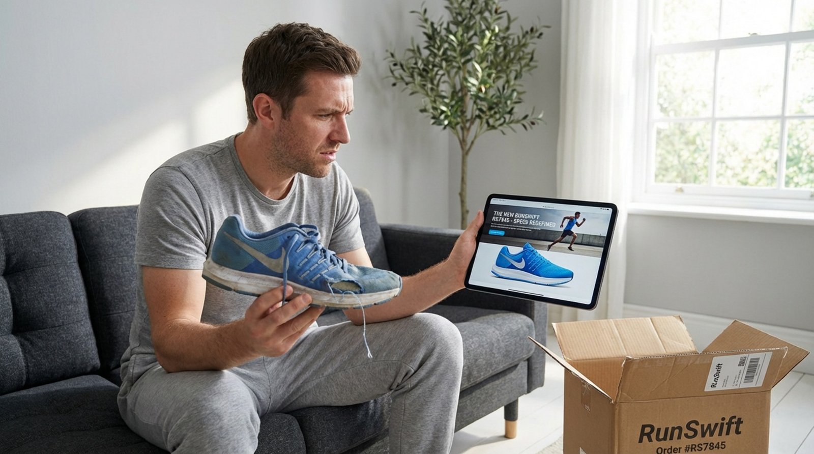 A person looks disappointed while comparing received shoes to an online image, highlighting the quality difference.