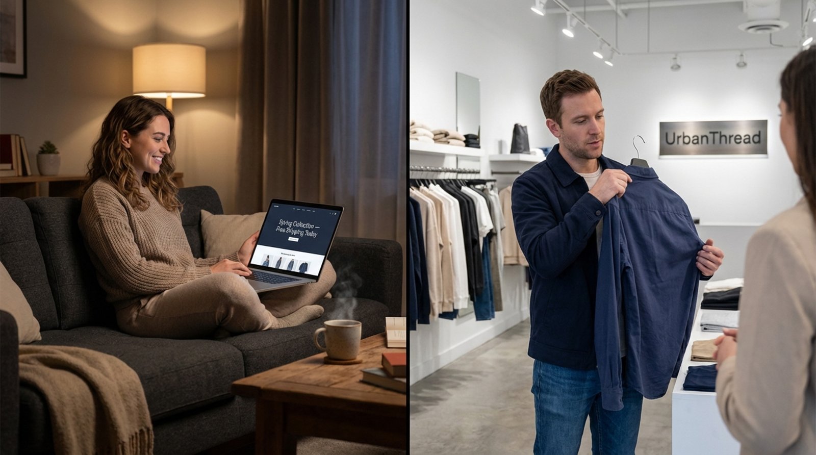 A split-screen image contrasting a woman shopping at home and a man examining clothing in a store.