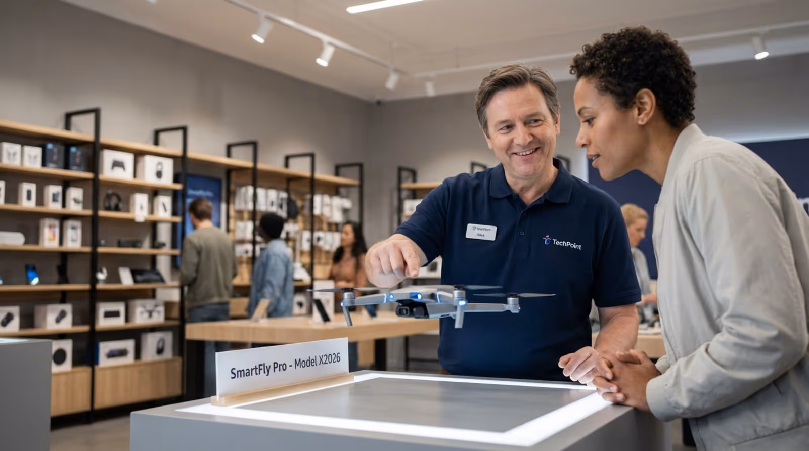A store employee demonstrates a new drone to a customer, highlighting expert guidance in electronics shopping.