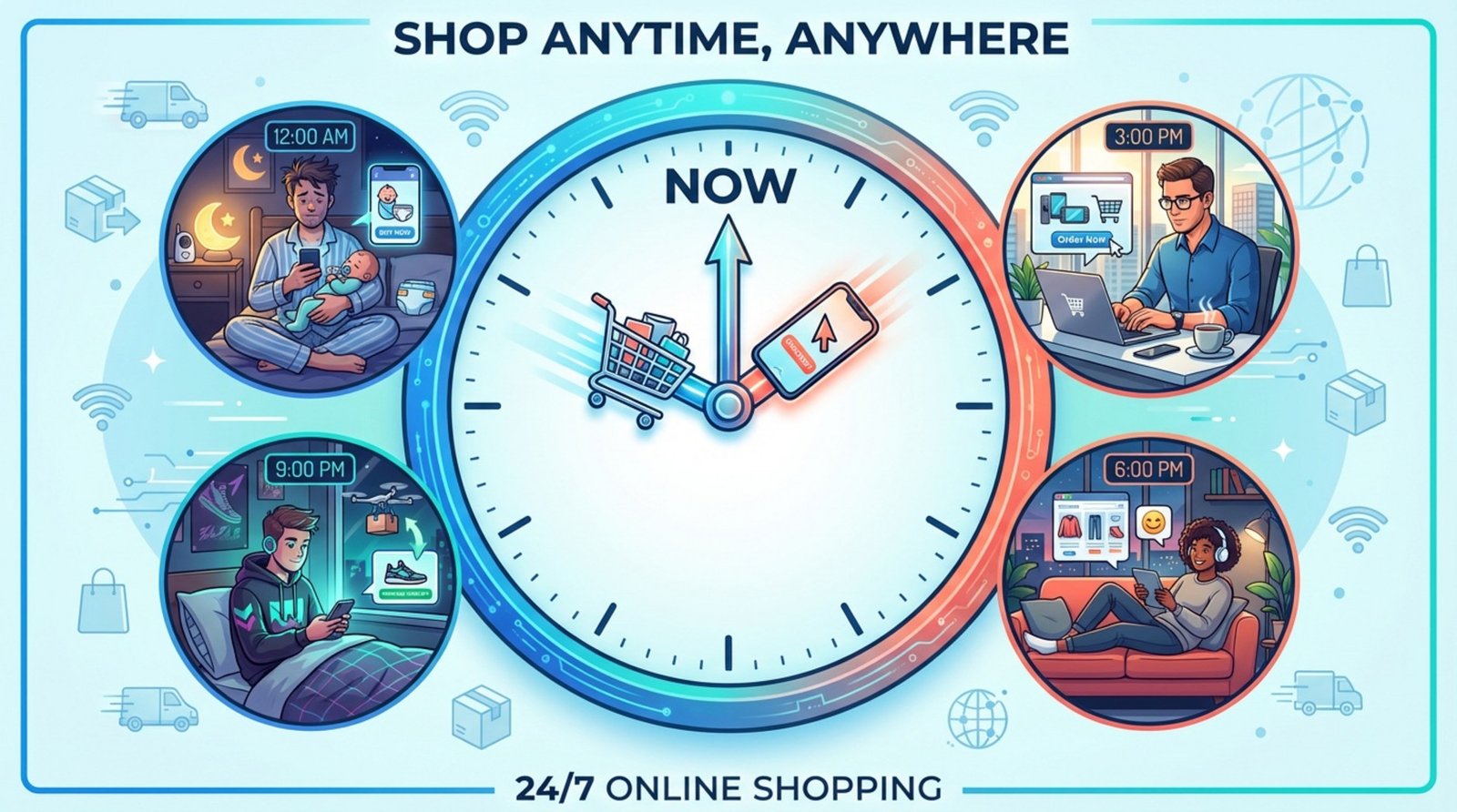 An infographic illustrating a clock with icons of people shopping online at different times, highlighting 24/7 convenience.