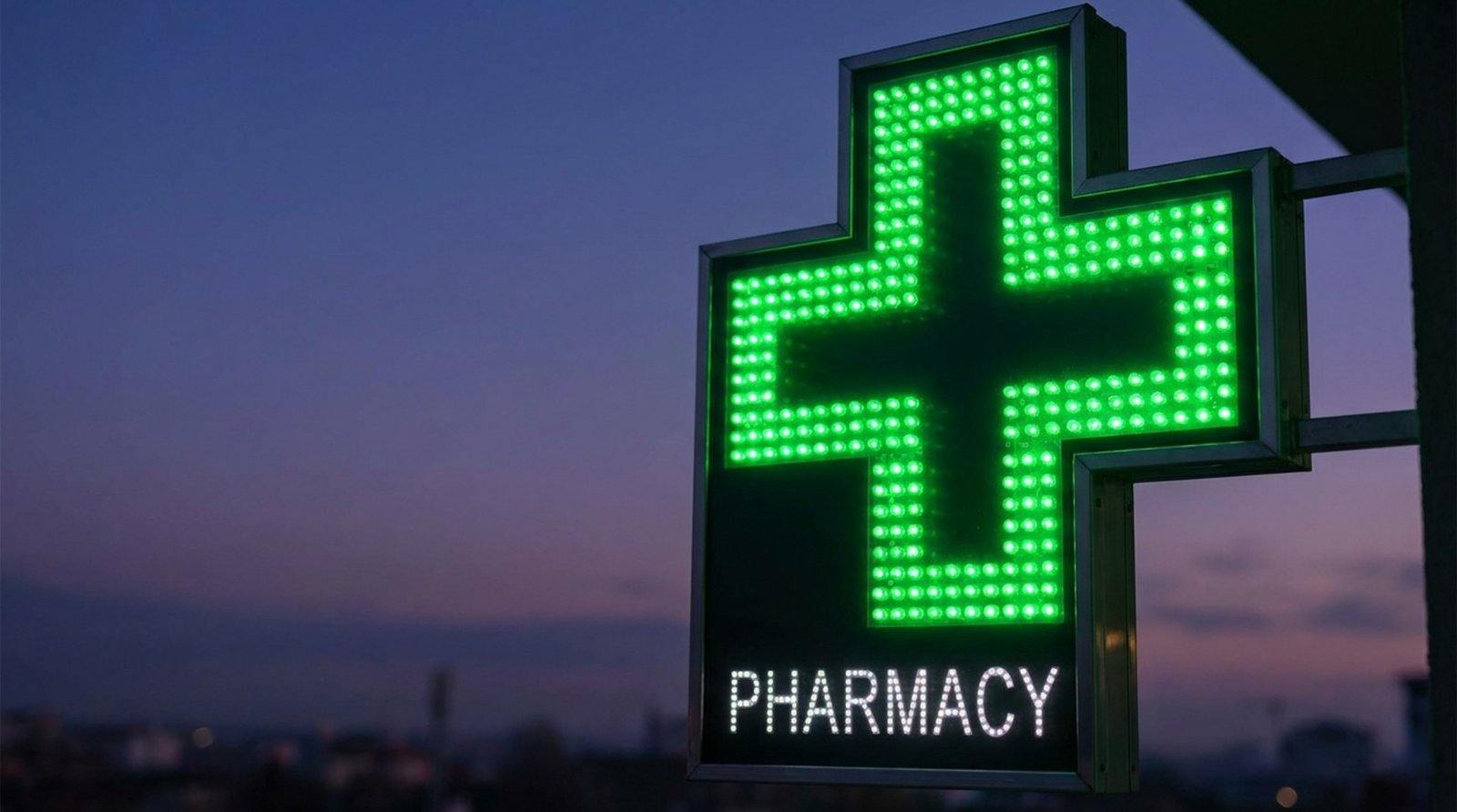 Photorealistic close-up of a bright green LED cross sign for a pharmacy glowing against a dusk sky.