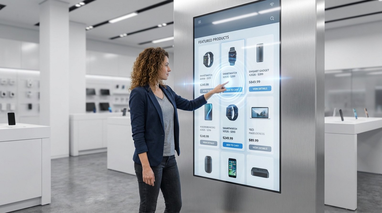 A customer interacts with a large LED touchscreen displaying a product catalog in a modern retail store.