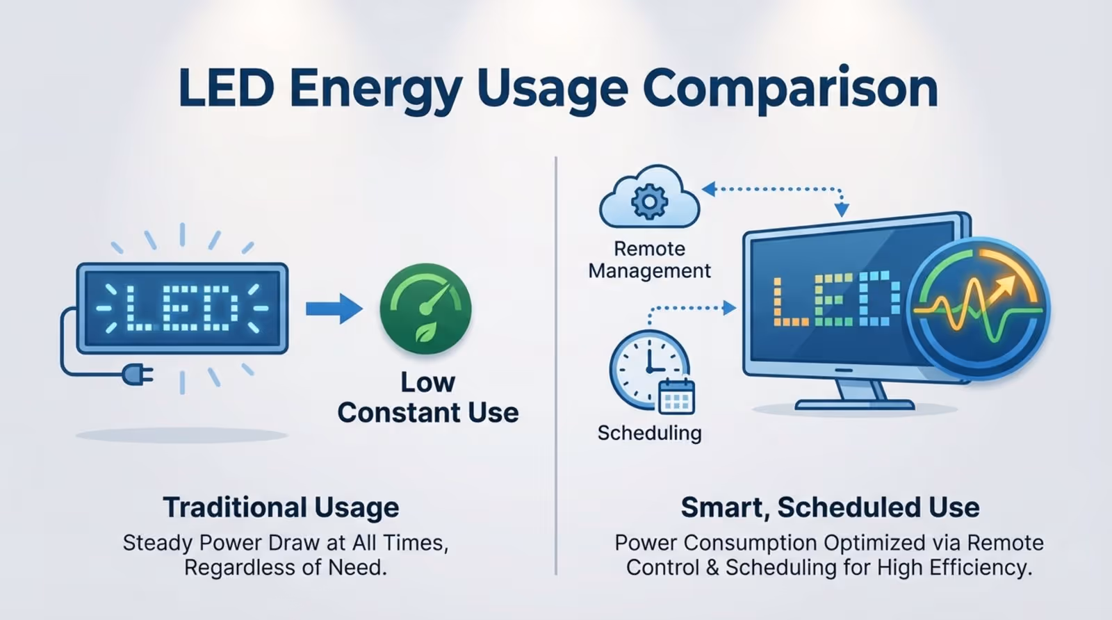 A clear diagram comparing low constant energy use with smart scheduled usage showing icons of LED signs and energy meters.