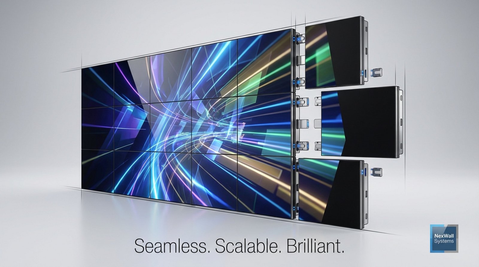 A technical illustration of LED panels clicking together to form a seamless video wall demonstrating modular flexibility.