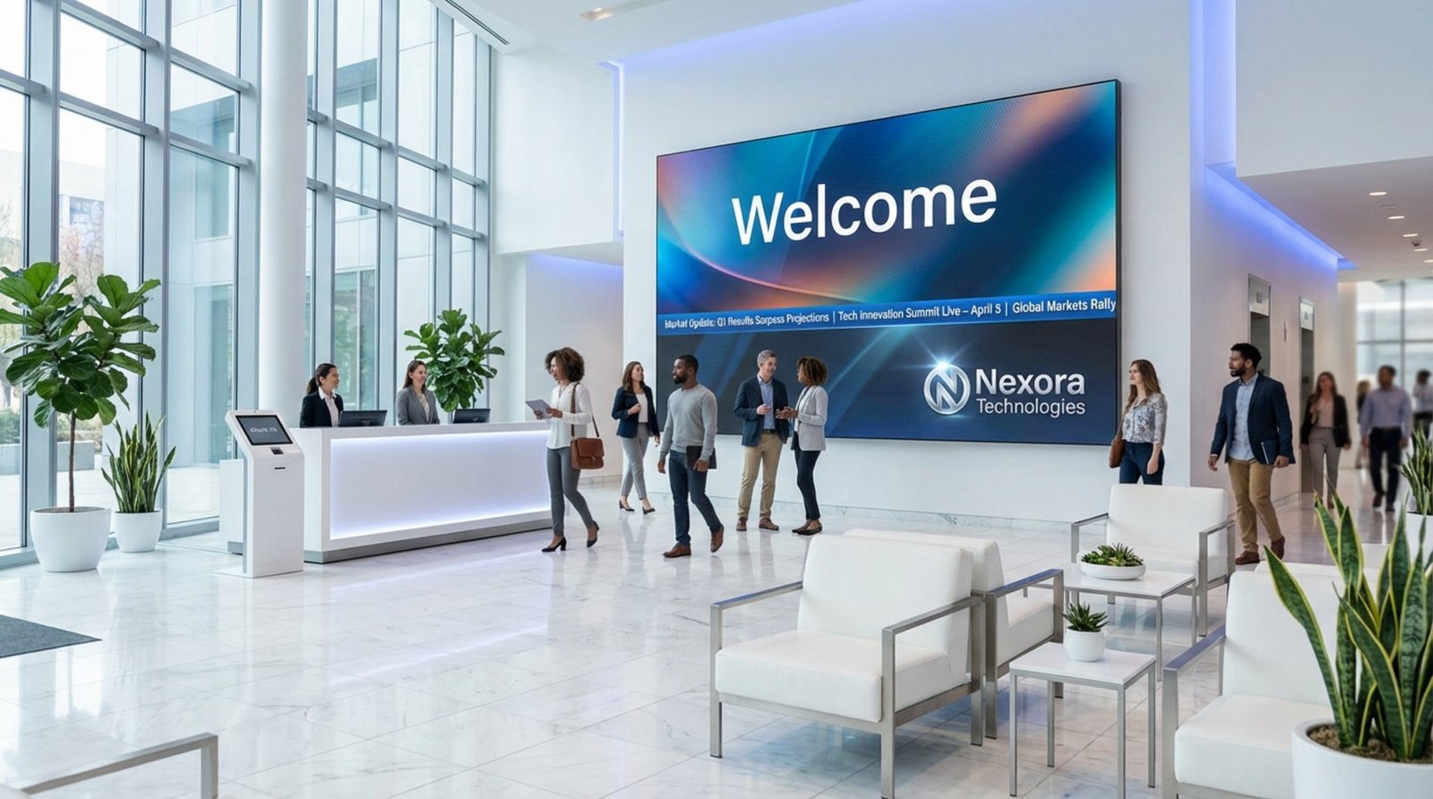 A bright modern corporate lobby featuring a large LED screen displaying a welcome message and news.