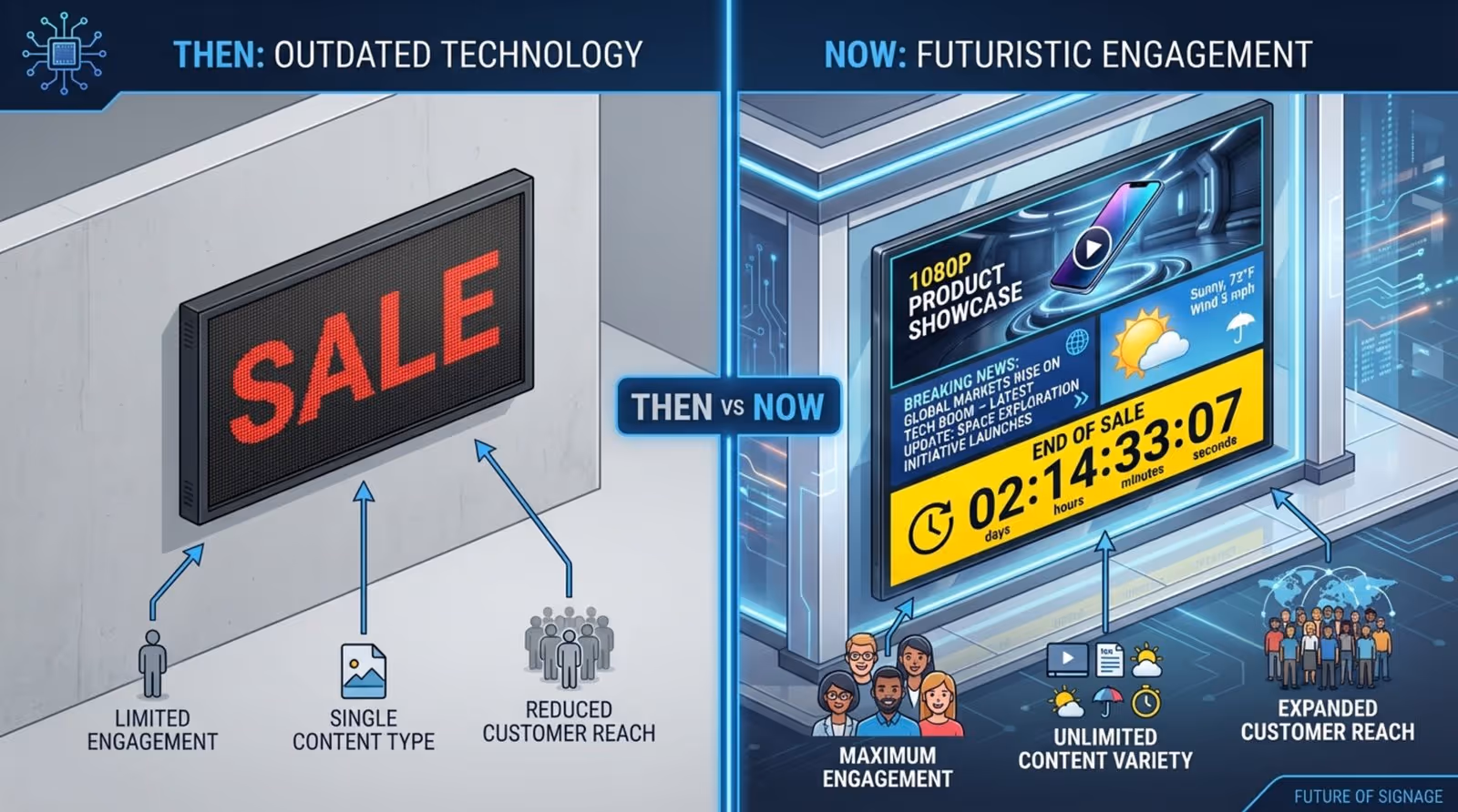 An infographic comparing a static LED sign and a multi-zone LED screen with various dynamic displays.