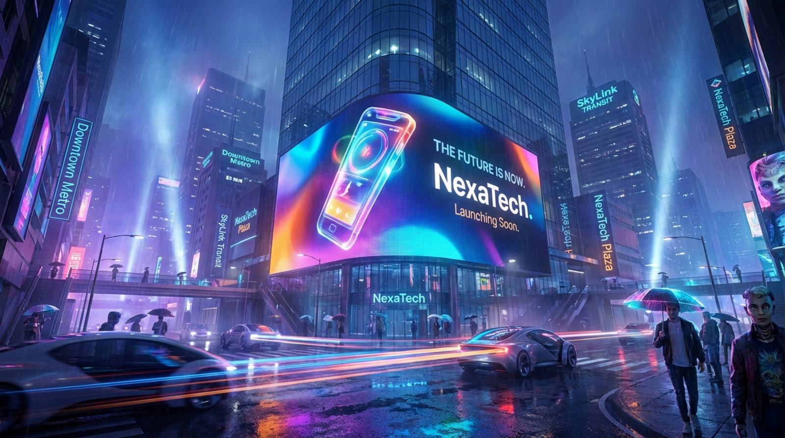 A large outdoor LED screen displays a vibrant advertisement in a busy city at night with car light trails in the foreground.