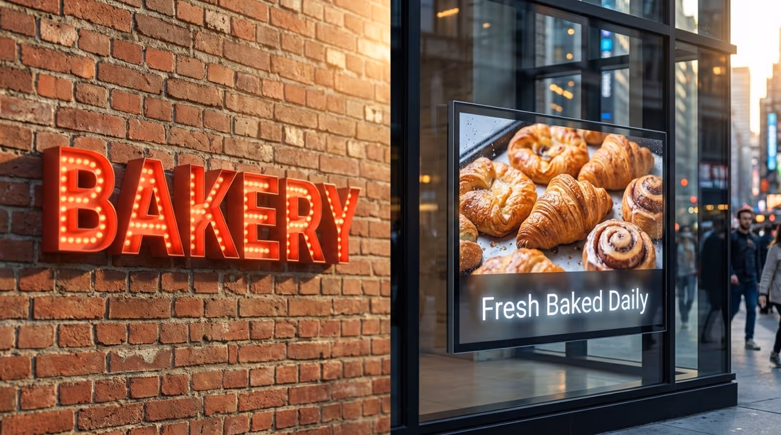 A split-screen image showing a traditional red LED bakery sign on brick and a modern LED screen with pastry advertisement on a glass storefront.