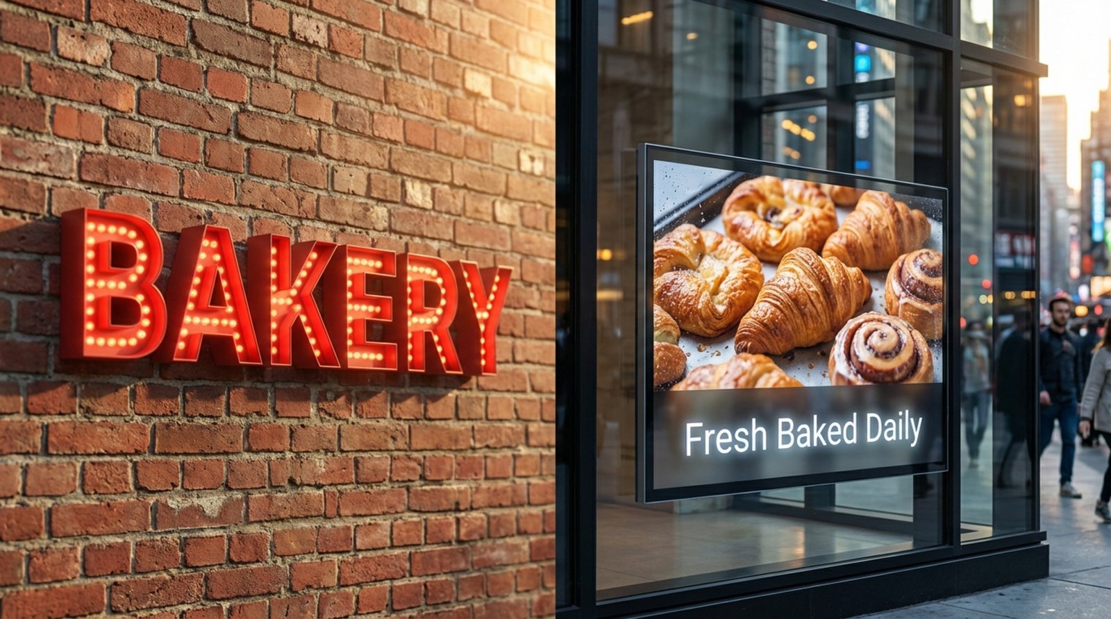 A split-screen image showing a traditional red LED bakery sign on brick and a modern LED screen with pastry advertisement on a glass storefront.
